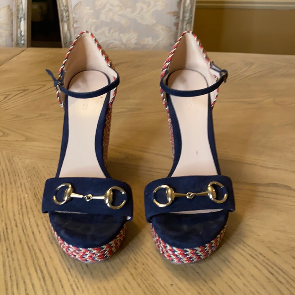 ❤️ Authentic Gucci Blue Suede Horsebit Espadrille Wedge Heels